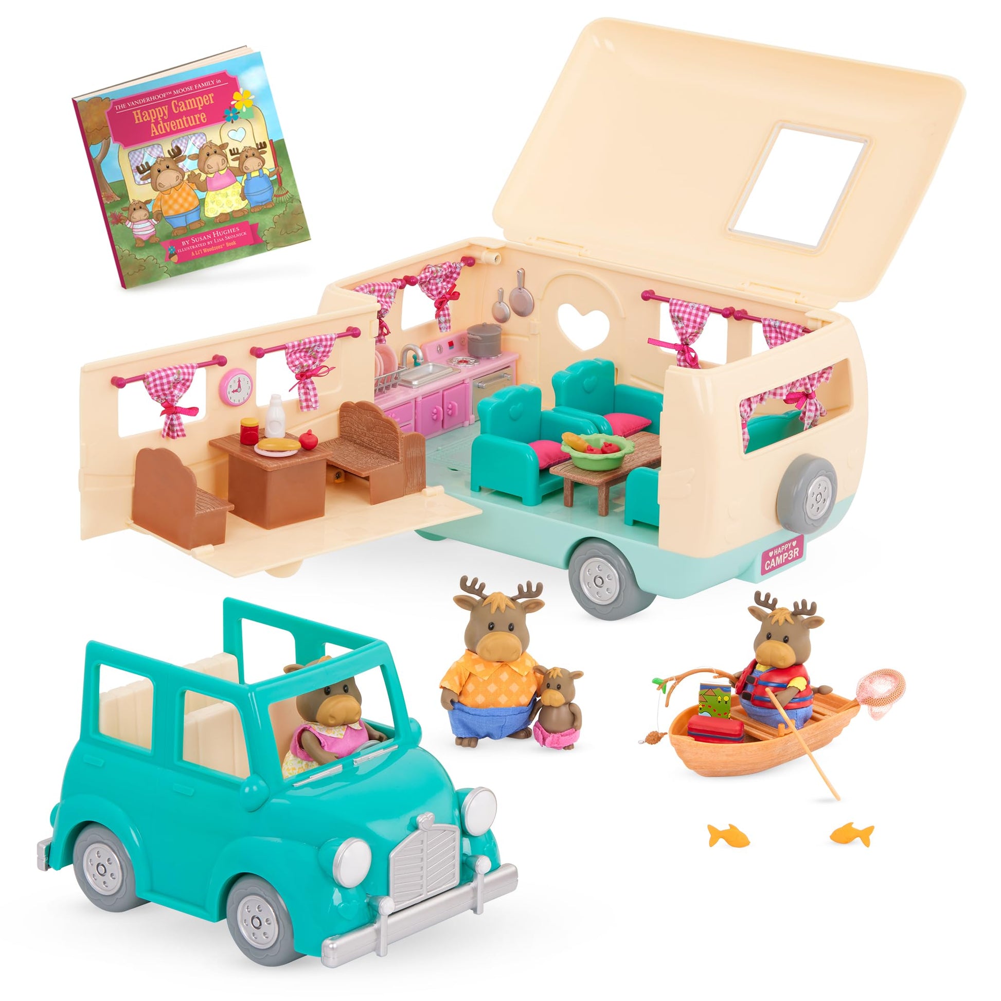 Lil Woodzeez - 53 Pcs Happy Camper Playset - Moose Family, Detachable Toy Vehicle & RV Trailer - Dollhouse Furnitures & Accessor
