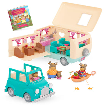Lil Woodzeez - 53 Pcs Happy Camper Playset - Moose Family, Detachable Toy Vehicle & RV Trailer - Dollhouse Furnitures & Accessor
