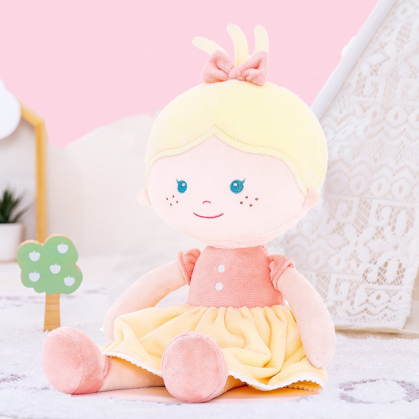Onetoo Soft Baby Doll For Girls Plush Rag Doll Sleeping Cuddle Buddy Doll First Baby Doll Wear Yellow Dress 14'