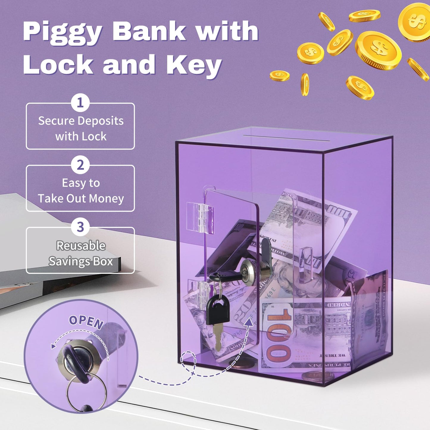 Imeepa Clear Acrylic Piggy Bank With Lock And Key For Kids Adults, Openable Money Saving Box For Cash Coins Real Money (Purple)