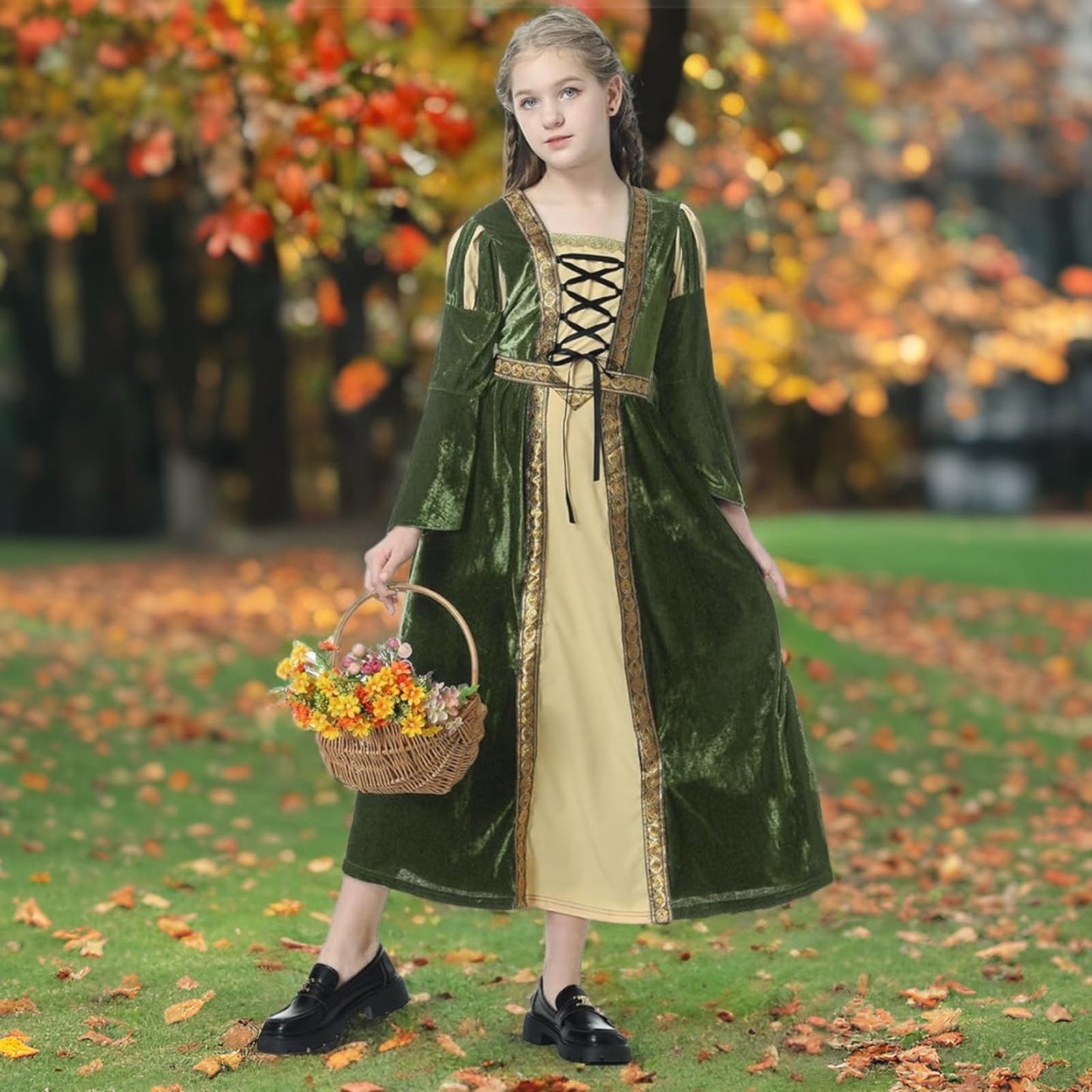 Colorful House Girls Renaissance Dress Medieval Dress Royalty Princess Child Dress Up Fancy Costume For Halloween(10-12Y,Green)