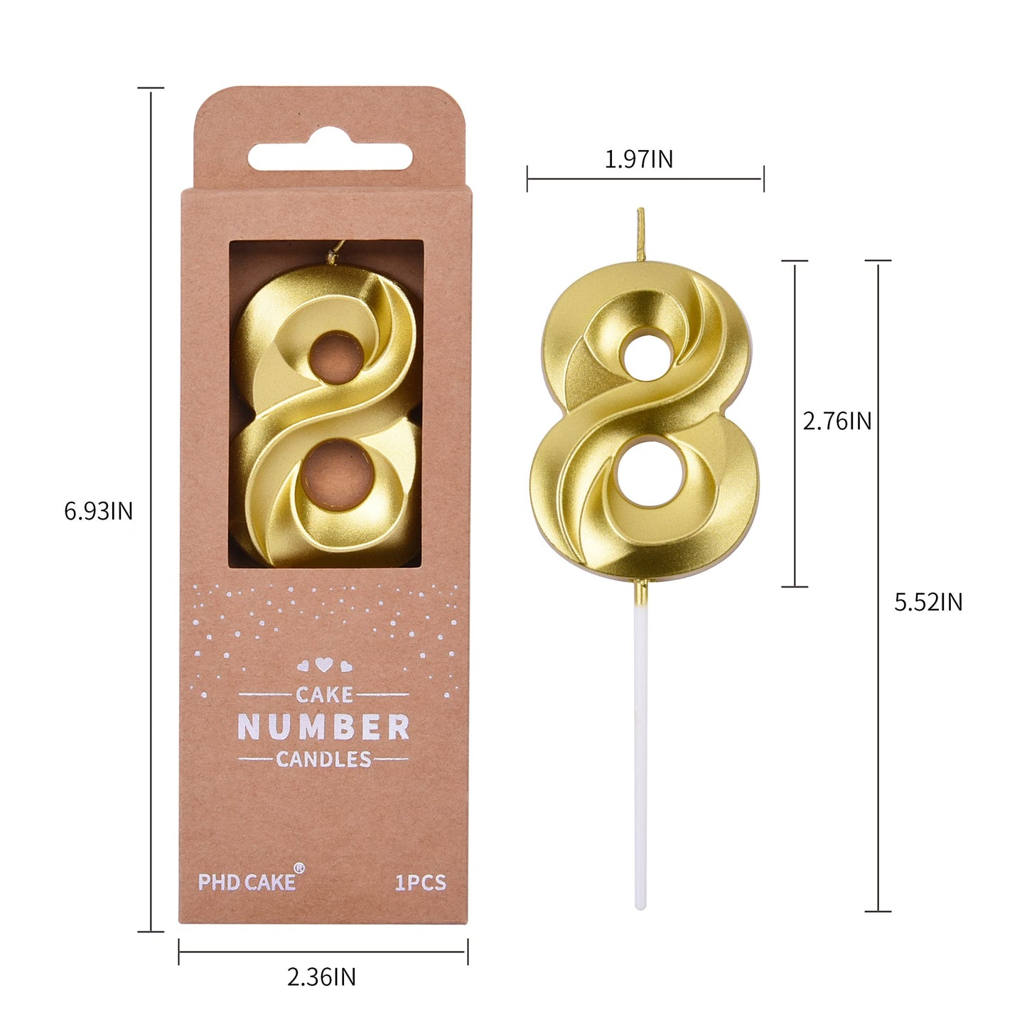 PHD CAKE 2.76 Inch Diamond Gold 8 Number Birthday Candles, Gold Number Candles, Cake Number Candles, Party Celebration