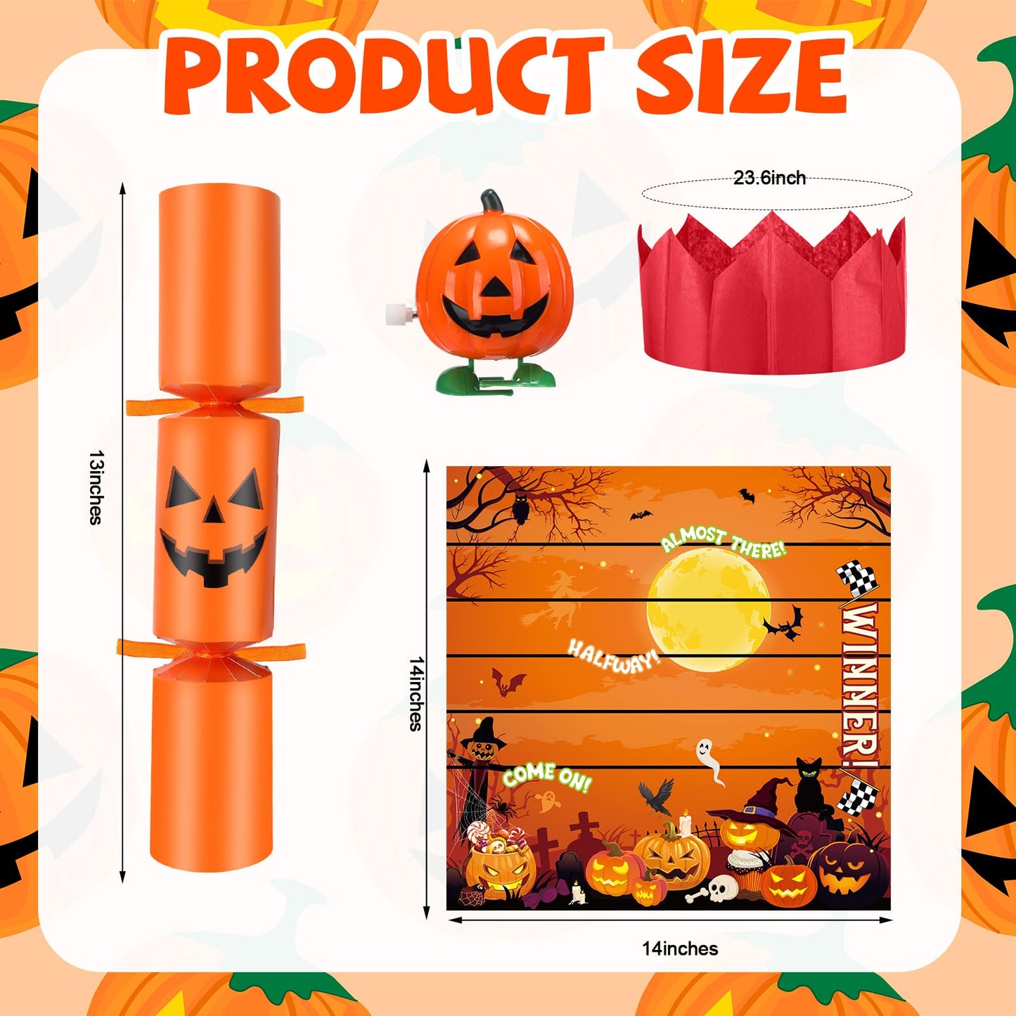 JellyArch 6 Packs Halloween Crackers Thanksgiving Crackers No Snap Party Favors with Wind up Pumpkin Paper Hat Holiday Table Fav