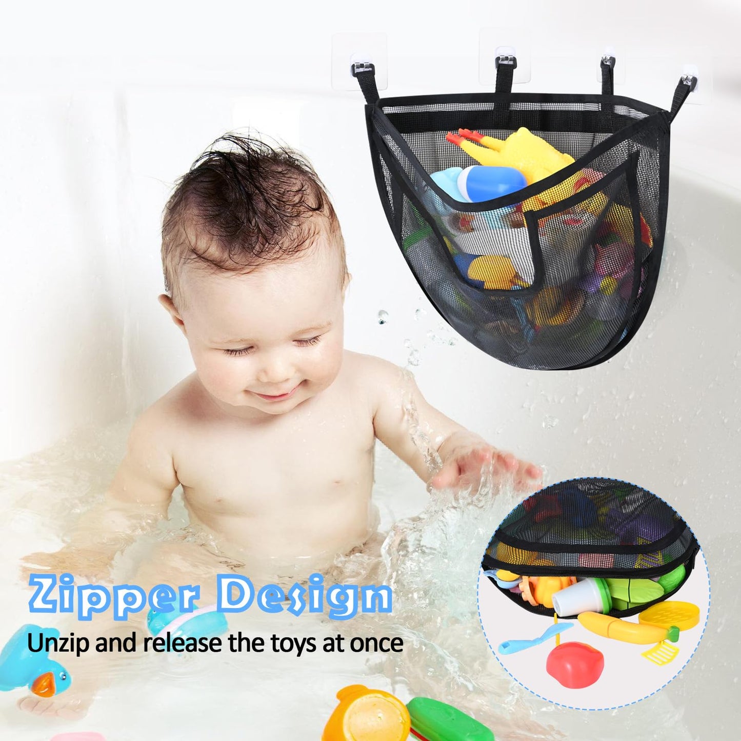 DOCMON Bath Toy Storage  Large Capacity Bath Toy Holder with Buttom Zipper  Quick Release Bathtub Toy Storage with Large Pocket  Corner Mesh Bath Toy Organizer Basket Bin for Bathroom Toys - Black