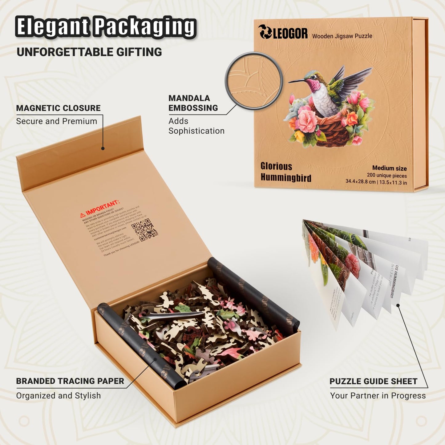 Glorious Hummingbird - 200 Piece Wooden Puzzles for mature-themeds - 13.5 x 11.3 in - Extra-Thick 5 mm Wood Puzzle  Hand-Drawn Pieces  Bird-Shaped XL Mosaic Design - enhanced Gift for Puzzle Lovers by LEOGOR