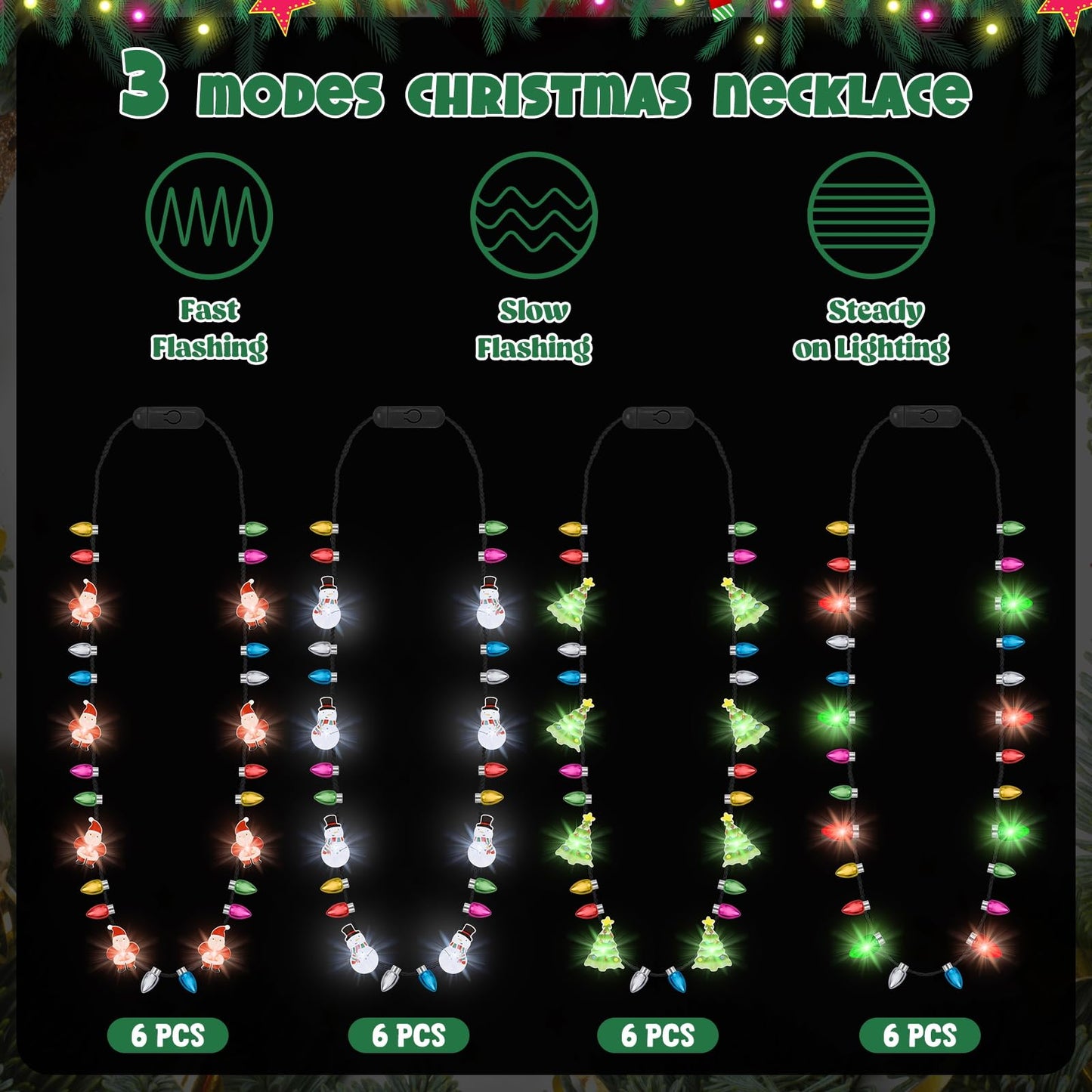 24PCS Christmas Party Supplies, Colorful Light Up Christmas Necklace, Christmas Accessories Santa Claus Bulbs, 3 Modes Christmas