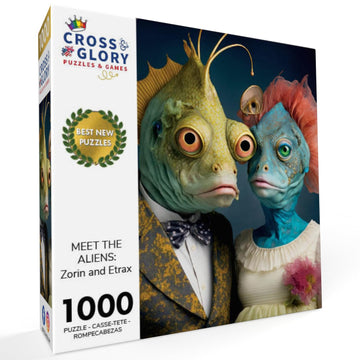 Cross & Glory 1000 Piece Jigsaw Puzzle - Zorin and Etrax Alien Artwork, Large Size, 1.8mm Thick Cardboard, Part of Meet The Aliens Series