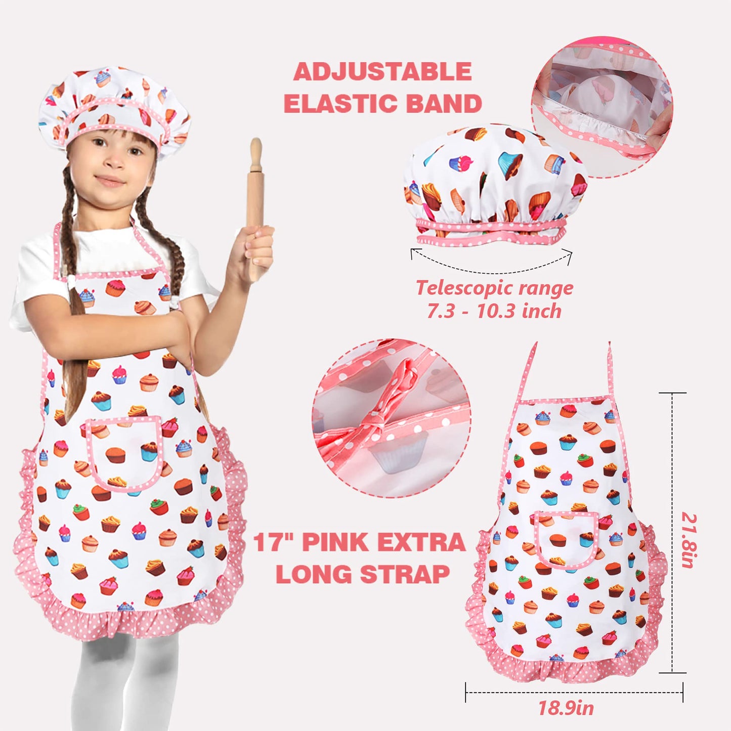 Vanmor Cute Kids Cooking And Baking Sets, 24 Pcs Kids Aprons For Girls Toddler Chef Hat Apron Dress Up Chef Costume, Little Girl