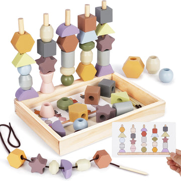 Montessori Toys For 3 Year Old - Wooden Lacing Beads & Stacking Blocks Toys For 3 4 5 Year Old Girl Boy Easter Birthday Gifts, Preschool Learning Activities With Beads Sequencing Set For Toddler 2-4