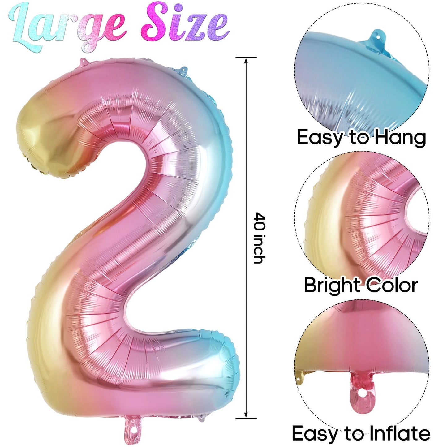 Rainbow Gradient Number 2 Balloon, 40 Inch Big Large Foil Number Balloons, Jumbo Mylar Number 2 Balloons For 2 Second Birthday P