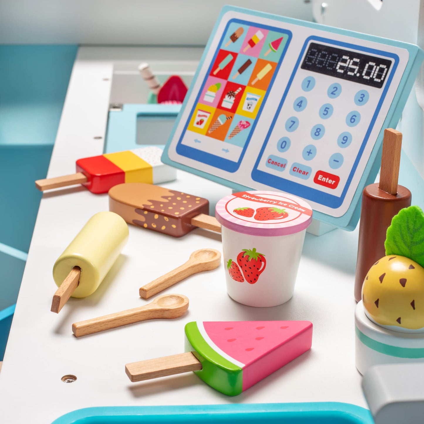Ice Cream Truck Wooden Playset- 20 Fun Toy Pieces Including Freezer, Steering Wheel Sink & Sticker Sheet for Kids Name, Includes