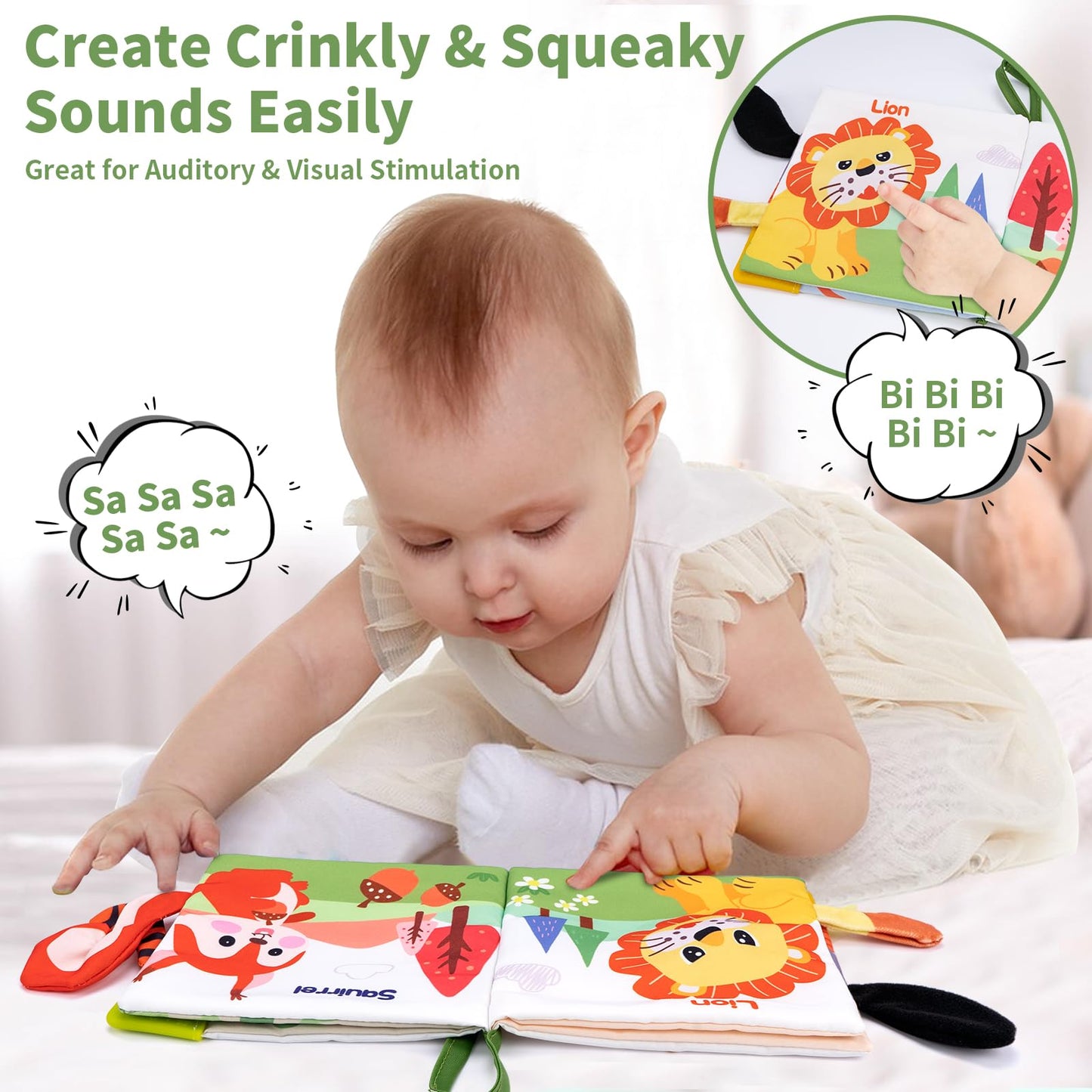 Love&Mini Baby Cloth Book - Giraffe Wildlife Crinkle Touch & Feel Book for Infants, Early Learning Tummy Time Toy for 6+ Months,