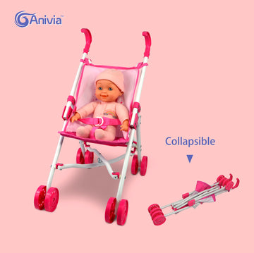Anivia 5Pcs Baby Doll Stroller Set - Baby Doll Accessories Set Includes Doll Stroller/Doll Crib/Play Mat/Feeding Toy/Diaper Bag, Nursery Role Play Set (11' Doll Included)