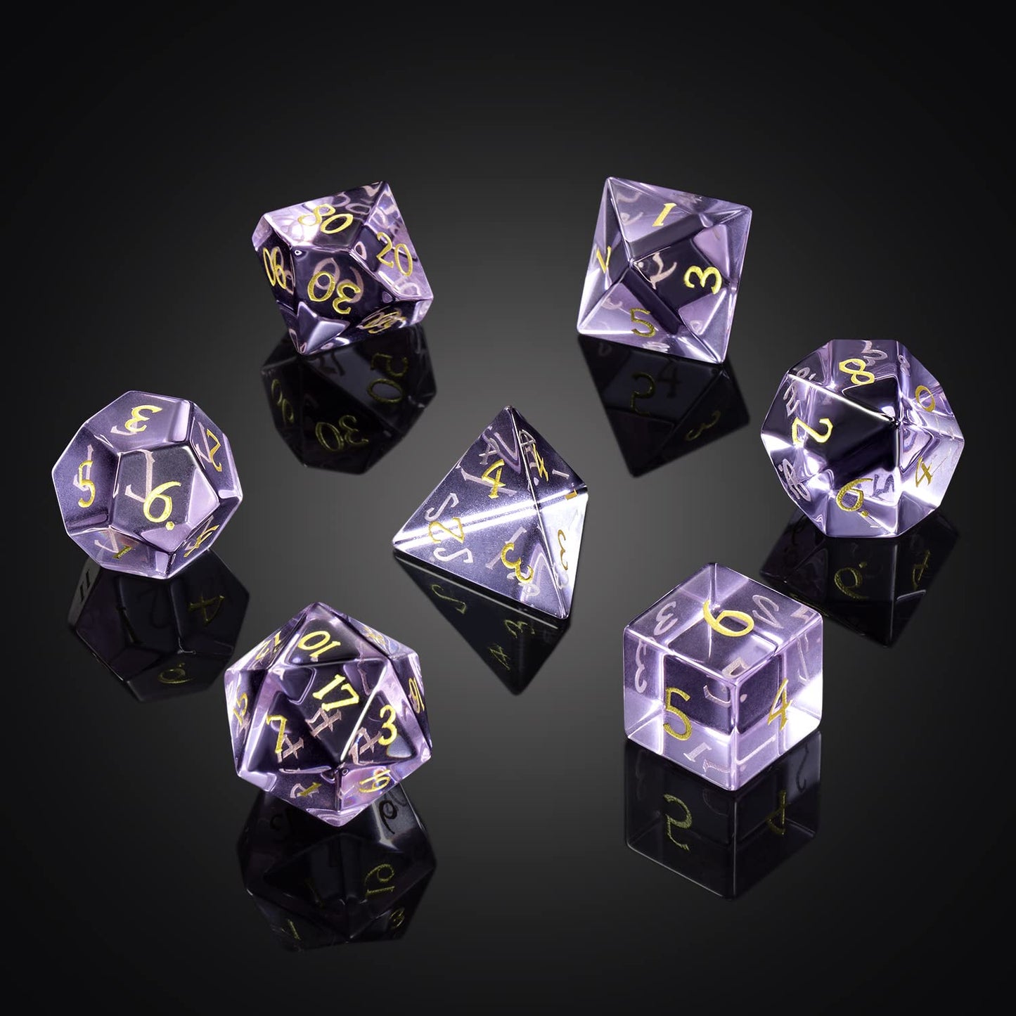 D&D Dice DNDND 7 Piece Zircon Glass Dice Set with Great Gift Box for Dungeons and Dragon DND Tabletop Game (Purple Glass with Go