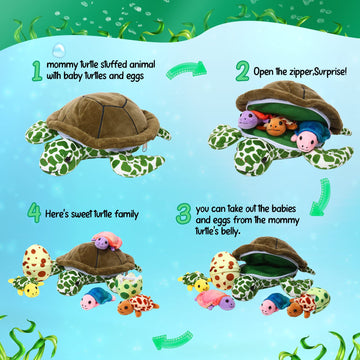 Aoriher 6 Pieces Turtle Stuffed Animal Set 12 Inch Stuffed Sea Turtle Mom With 3 Babies Plush Turtles And 2 Turtle Eggs Stuffed
