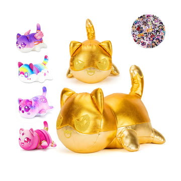 Lccoous 61-Pcs ? 6.1'' Gold Cat Plush+ 60Pcs Cat Stickers -Meow Cat Plush -Meow Cat Stuffed Animal Collection, Birthday Gift For
