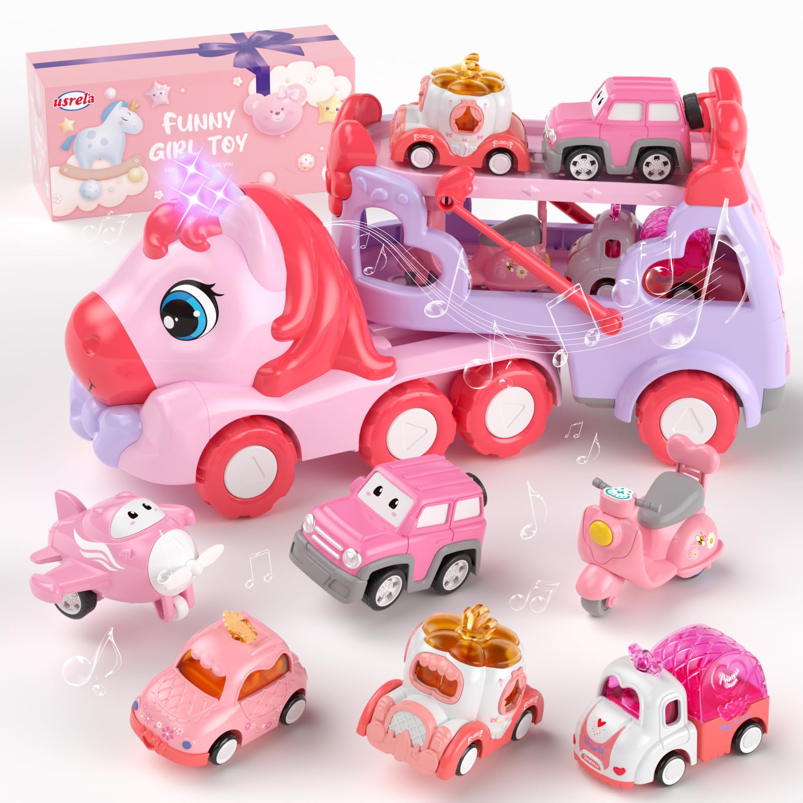 usrela Toys for 1 2 3 Year Old Girl Truck, 7-in-1 Girl Carrier Truck Car with Light & Sound, Toddler Girl Car Toys Age 1-3 2-4, 