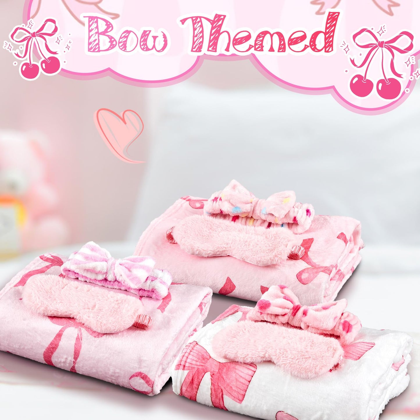 18 Pcs Sleepover Party Supplies for Girls, 6 Different Style Pink Bow Blanket 6 Coral Fleece Bow Spa Headband 6 Plush Pink Eye M