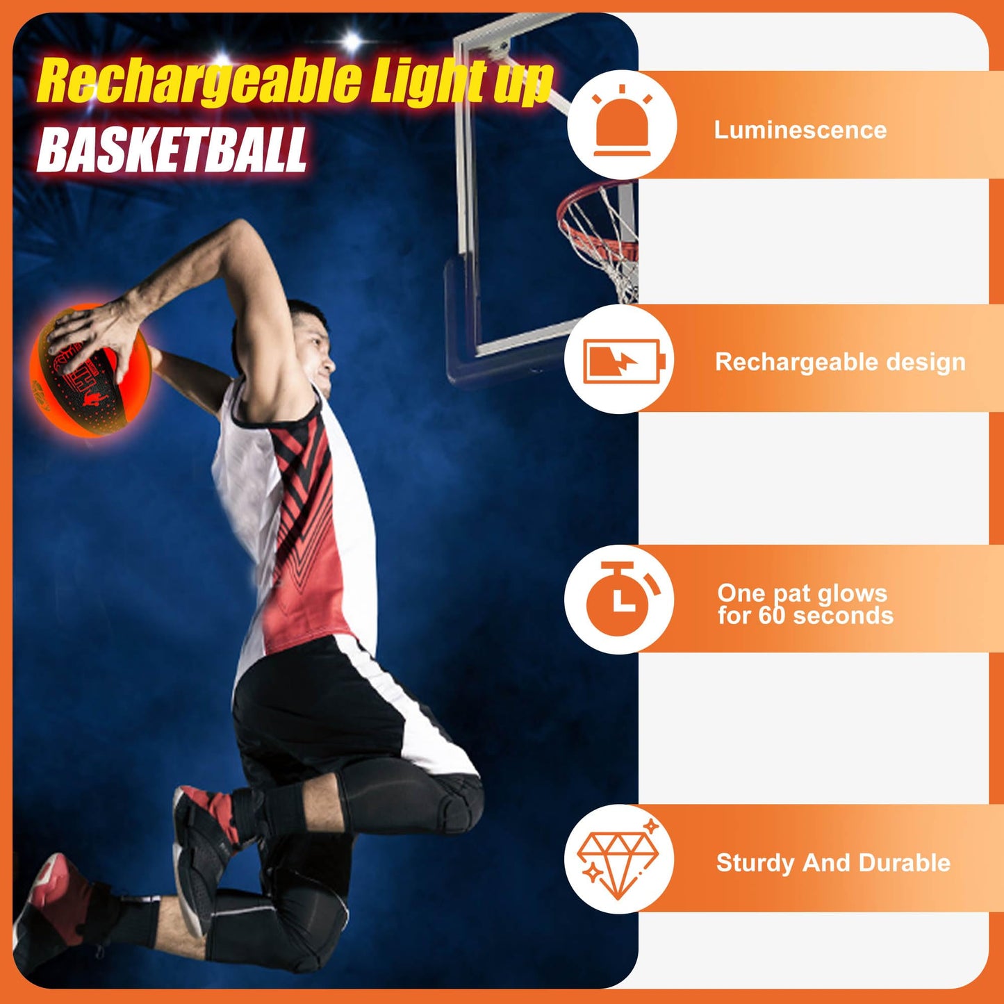 Hitegy Glow In The Dark Basketball - Water-Resistant, Size 7, Impact Activated, Includes Pump, Manual, Pre-Installed Batteries &