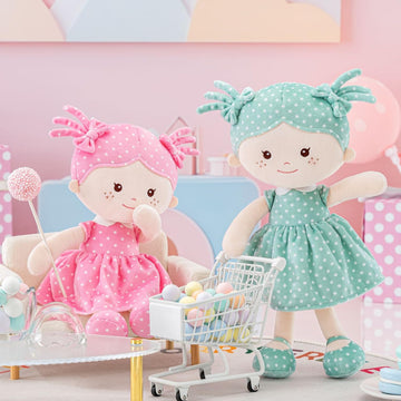 Onetoo Plush Rag Doll My First Baby Doll Soft Baby Doll For Girls Sleeping Cuddle Buddy Doll Wear Green Dress White Polka Dot 14'(Milly Series)