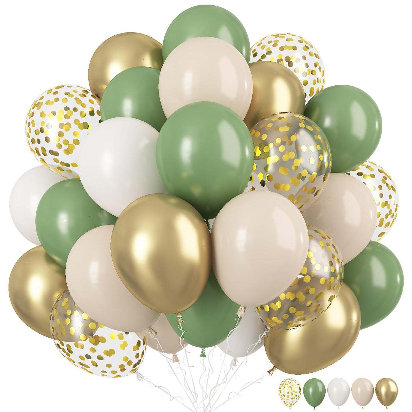 Sage Green Gold Balloons, 12 Inch Green White Metallic Gold Balloons, Green Sand White Balloons Gold Confetti Latex Balloons For