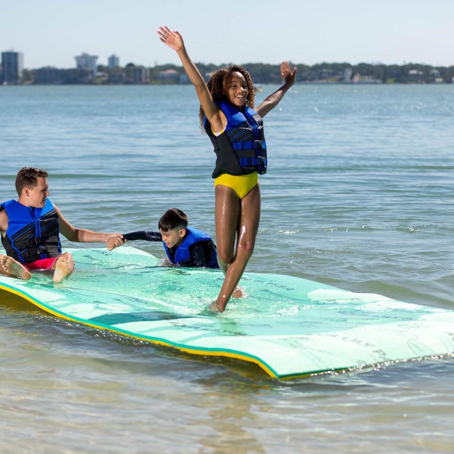Aqua Lily Pad 15' Floating Foam Island Mat - Large Water Playground, Green/Yellow, with Storage Straps and Pad Protectors