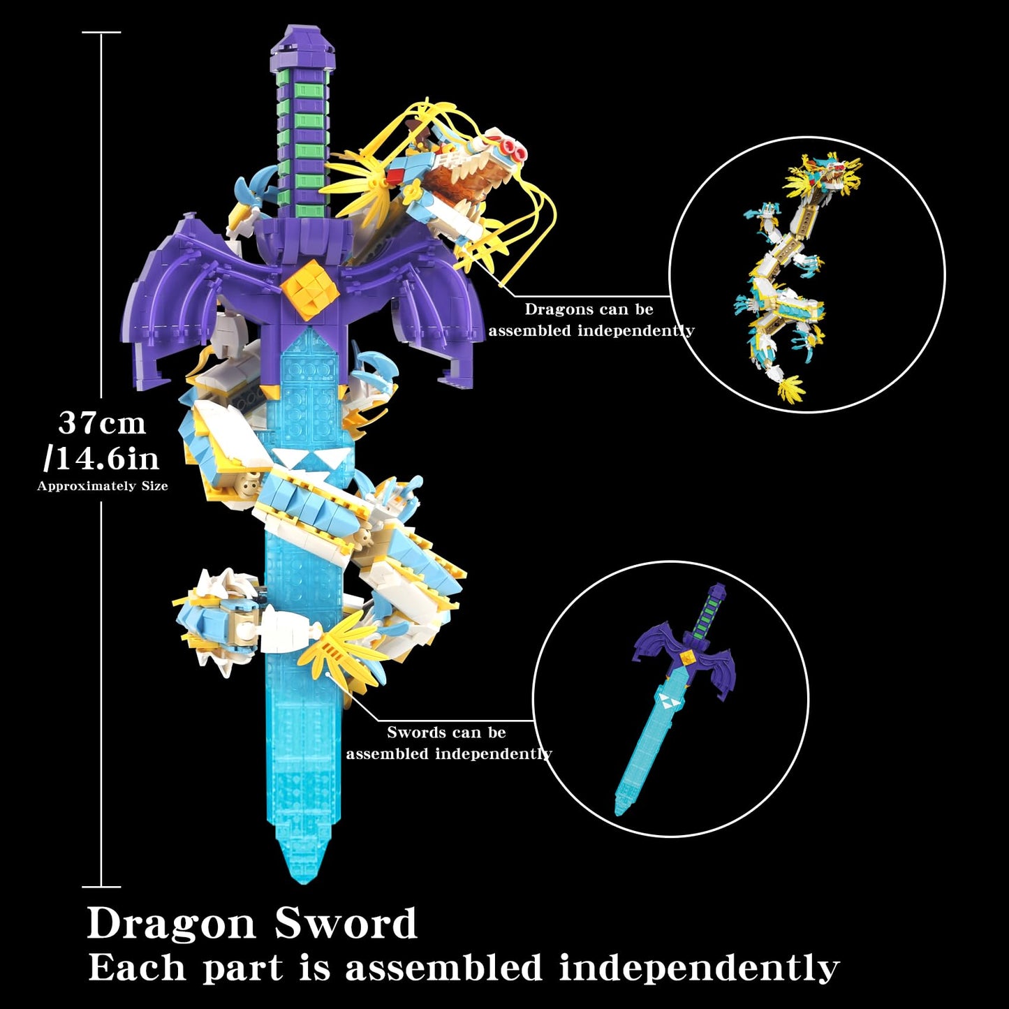 SAMYBLOCKS 1433PCS Dragon Swords Building Blocks Set, LED Light, 8.66 x 13.78 x 3.15 inches, Blue/Red/Green, Model