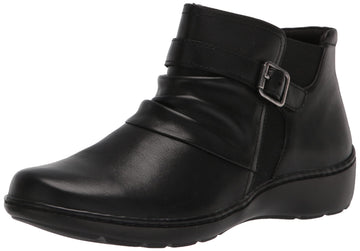 Clarks Womens Cora Rouched Ankle Boot, Black Leather, 95