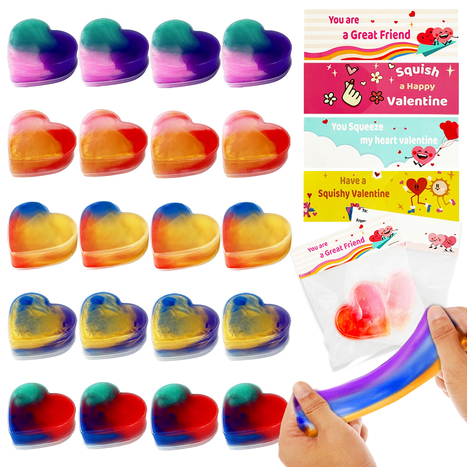20 Packs Valentines Day Gift Cards With Colorful Slime,Heart Shaped Galaxy Slime Stress Relief Fidget Toy For Kids,Classroom Exc
