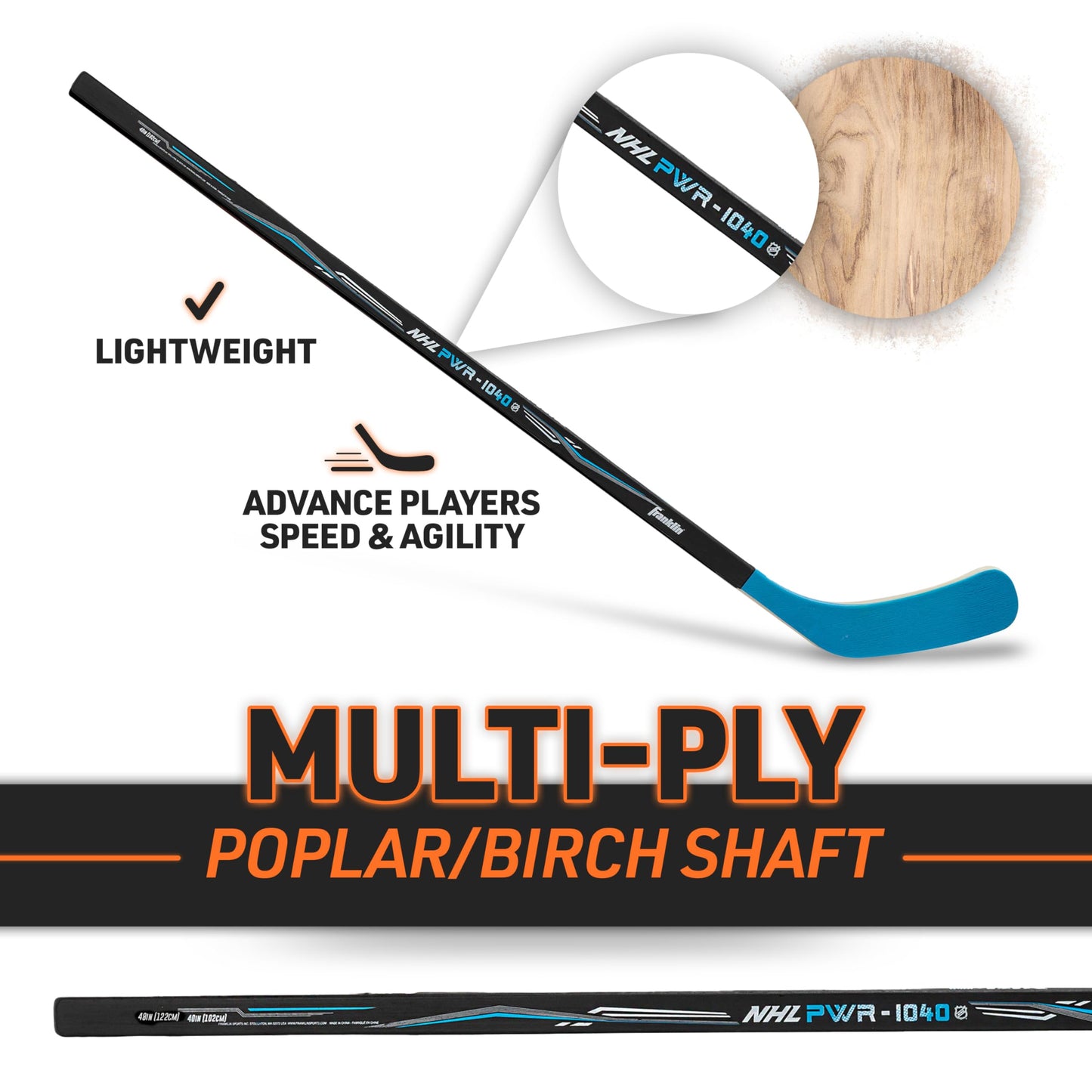 Franklin Sports NHL Youth Street Hockey Stick - Power 1040 Kids Outdoor Street Hockey Sticks - 40 Inch Youth Size for Kids - Right Handed - Wood/Fiberglass Shaft - Righty