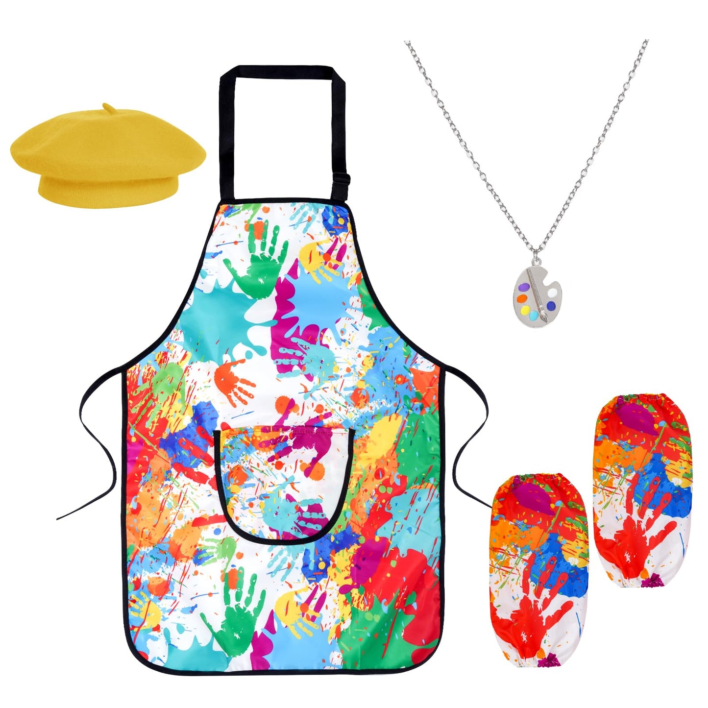 Yookat 5Pcs Kids Artist Costume Accessories Set with Hat Apron Sleeves Necklace Kids Painter Costume (Yellow)