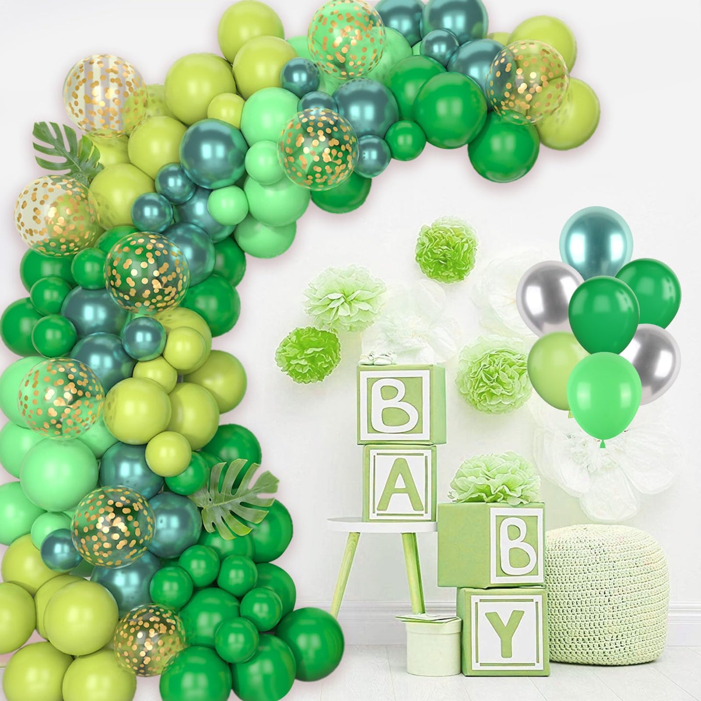 Paready Green Balloon Arch Kit, 120Pcs Dark Green Balloon Garland Kit Light Fruit Green Metallic Green Party Balloons Gold Confe