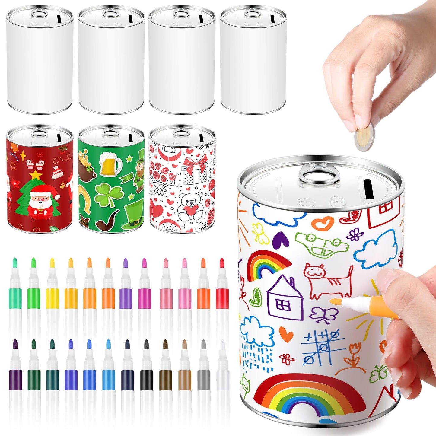 Tandefio 8 Pcs Diy Coin Piggy Bank Metal Piggy Bank Money Piggy Bank Blank Saving Box With 24 Acrylic Paint Markers Piggy Bank C