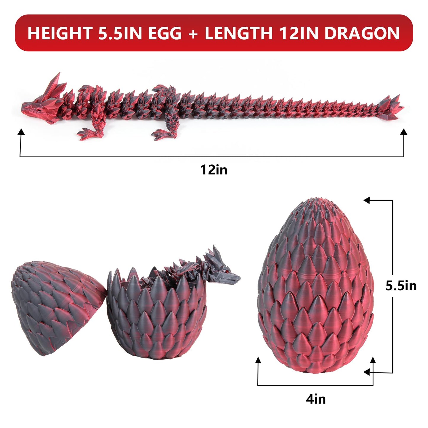 3D Printed Dragon Egg Toy 12'' Crystal Articulated Dragon With Eyes Decor Collectible