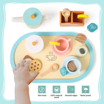 KMUYSL Wooden Toys for Kids, Wood Tea Set Pretend Toys for Little Girls, Tea Party Set Kids Kitchen Accessories Toy, Christmas B