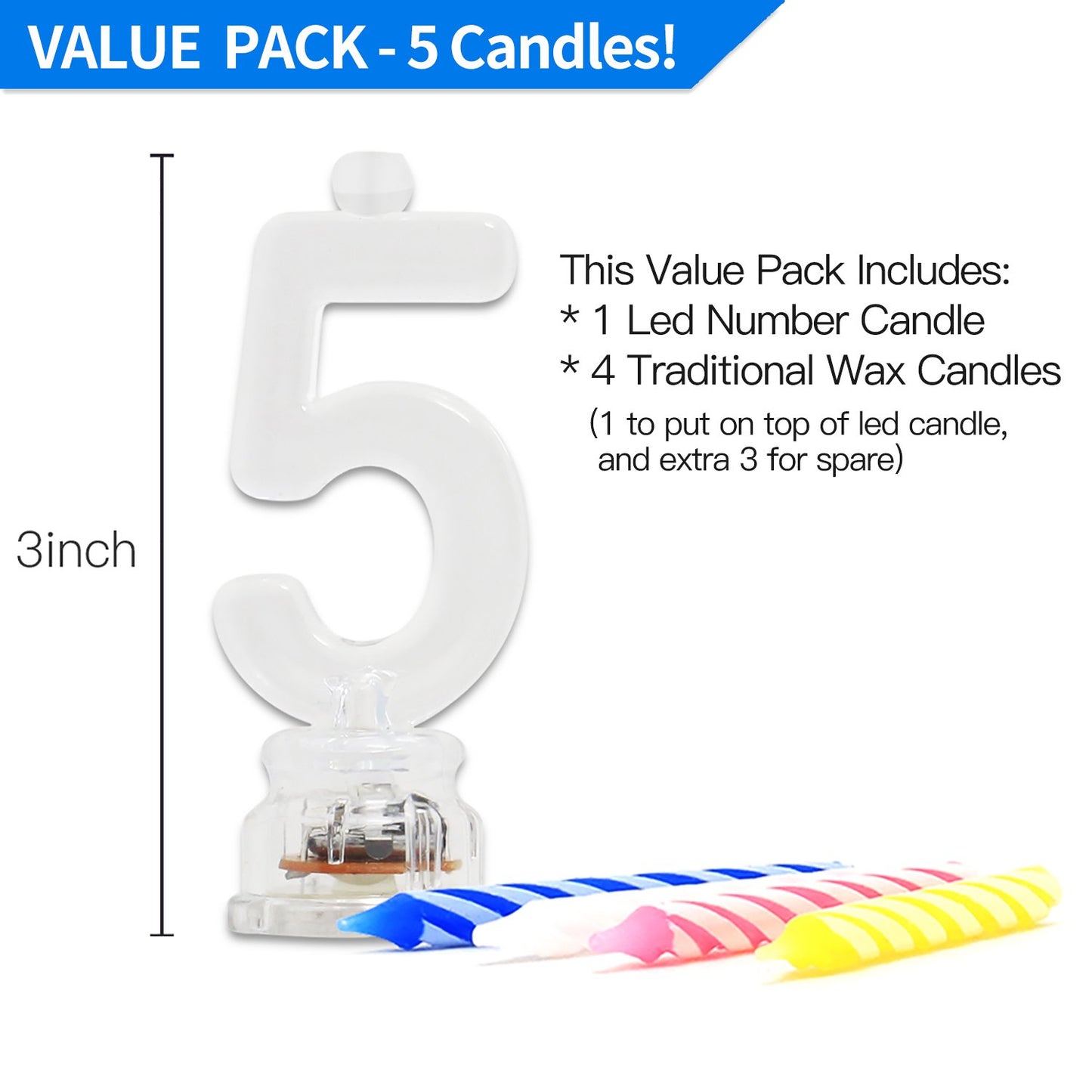 Novelty Place Birthday Number Candle Set, Flashing Multicolor Changing LED Birthday Cake Topper with 4 Wax Candles (Number 5)