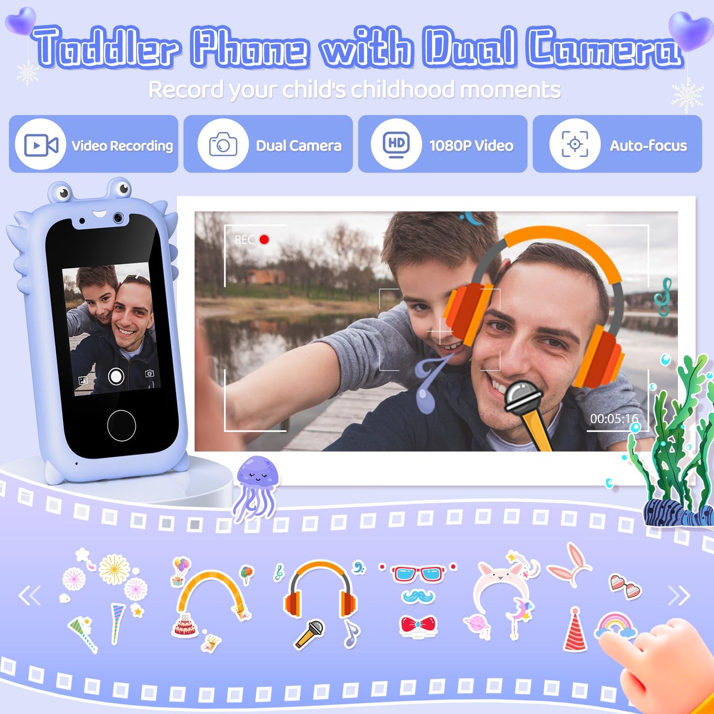 Kids Smart Phone for Boys Toys Age 3-10, Touchscreen HD Dual Camera Learning Cell Phone for Kids with Music Player, Games, 16GB