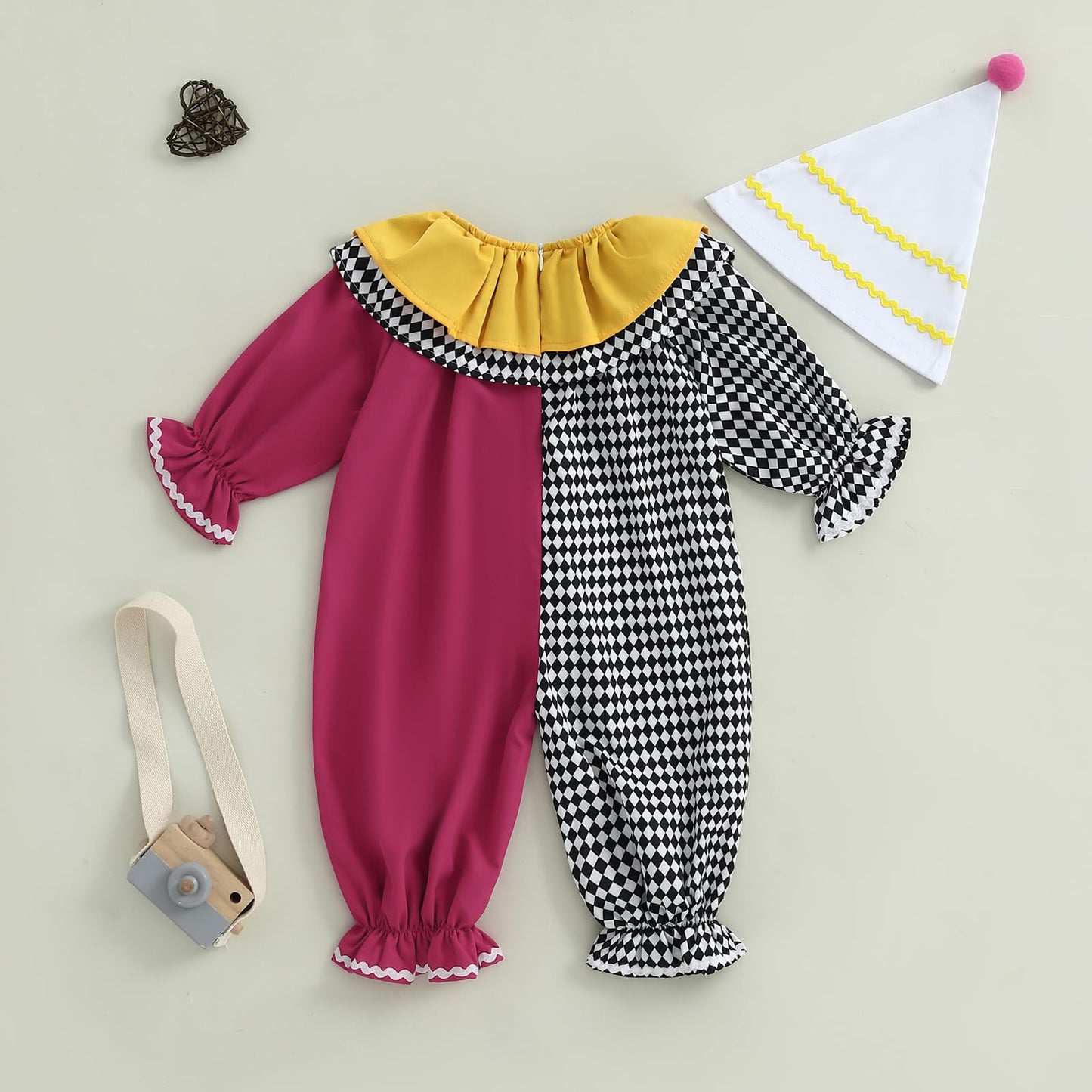 Aiwpstoin Toddler Baby Clown Costume Boy Girl Funny Halloween Outfit Contrast Color Long Sleeve Jumpsuit with Hat (Black, 6-12 M