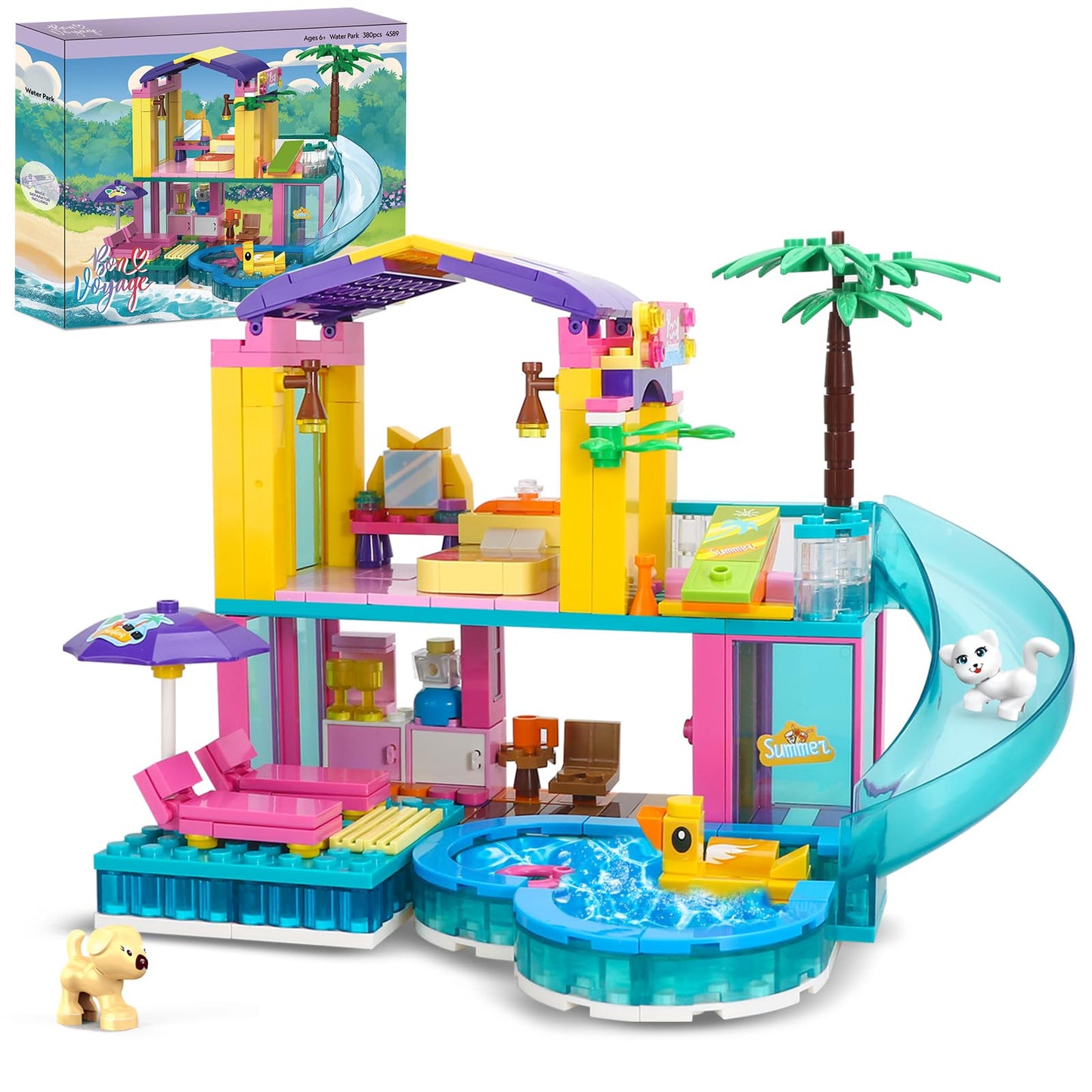 Dream Girls Friends Beach Villa Building Set 380 Pcs With Slide, Swimming Pool, Party Room & Vacation House Building Kits For Kids Girls 6-8-12