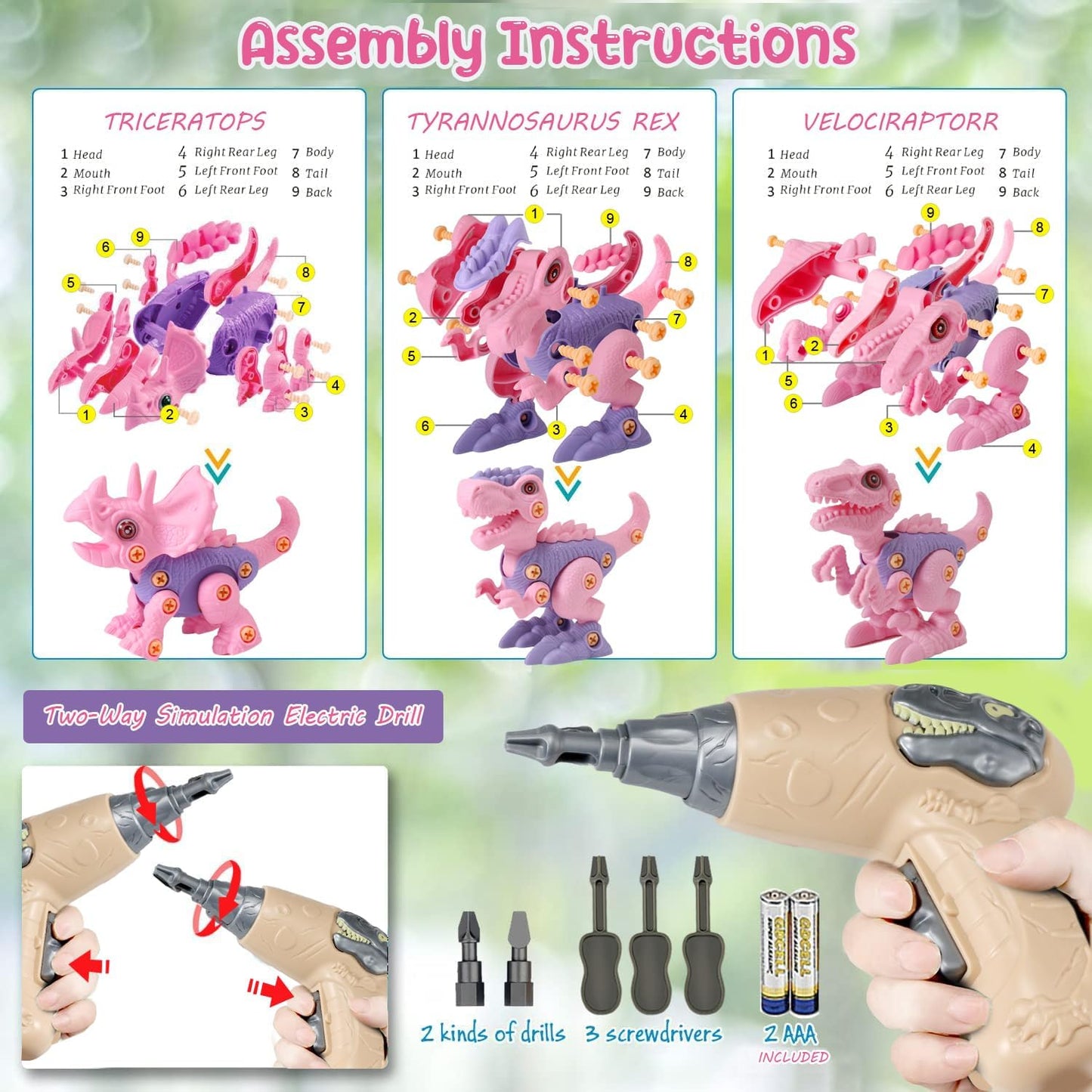 FREE TO FLY Take Apart Dinosaur Play Set - Pink Educational Toys for Girls 3-8, Plastic, Model RS009-4, Perfect for STEM Learning and Sensory Play
