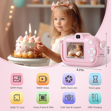 Zuodun Kids Camera Toys For Girls Age 3-8, Kids Digital Camera Toddler Camera For 3 4 5 6 7 8 Years Old Birthday Gifts, 1080P Vi