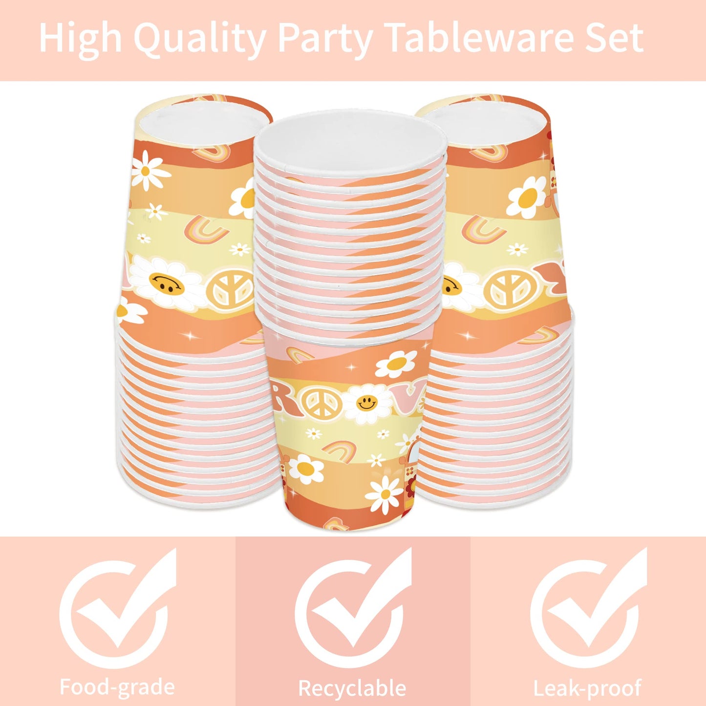Oigco 120Pcs Groovy Birthday Party Supplies Hippie Boho Plates Napkins Cups Retro Daisy Flower 60'S Style Party Supplies For Gir