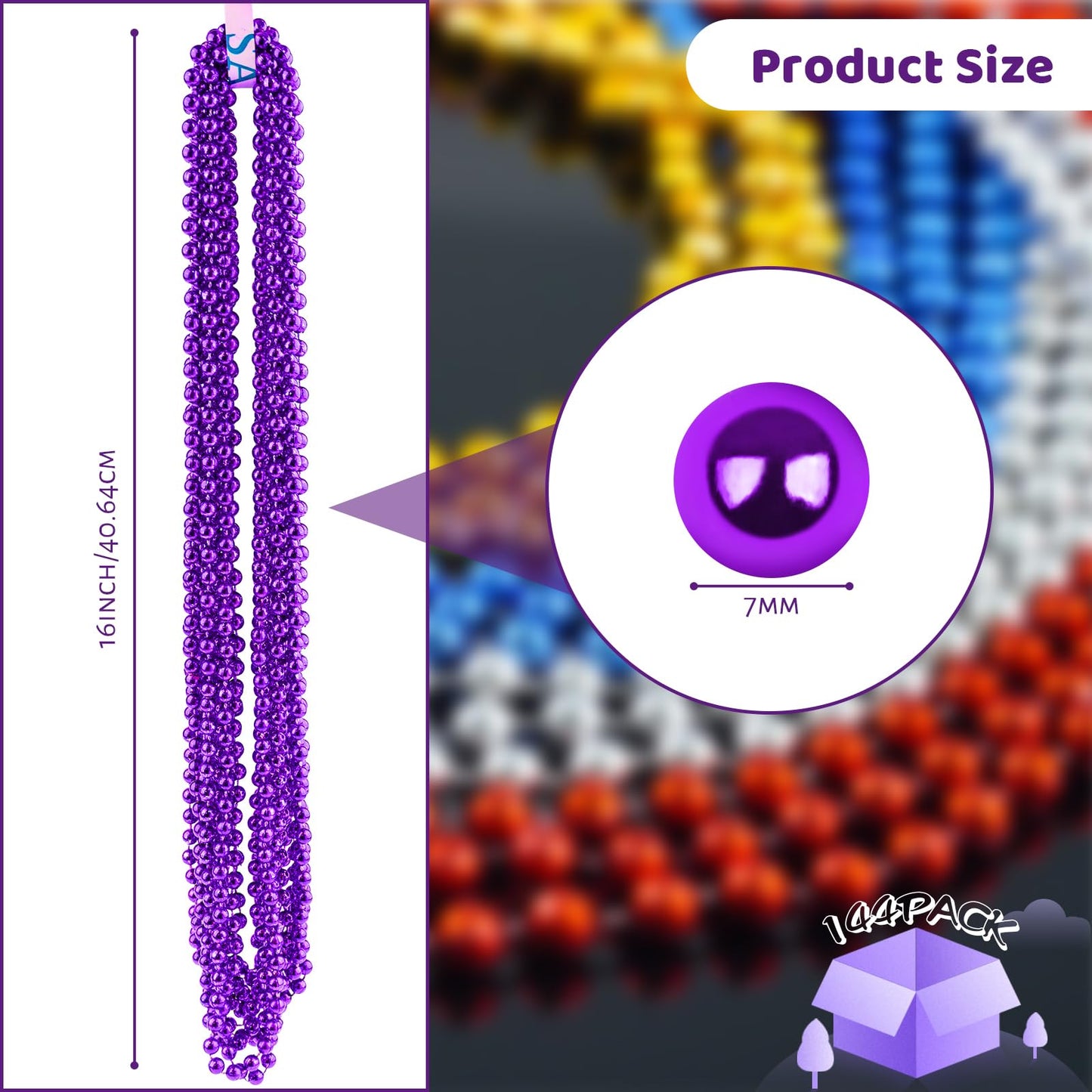 Shaoqinlin 144 Pcs Purple Mardi Gras Beads, 33'' 7 Mm Metallic Purple Bead Necklaces Halloween Beaded Necklaces Purple Party Bea
