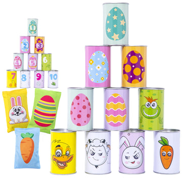 Joyin 13 Pcs Easter Carnival Bean Bag Toss Knockdown Can Game Set For Kids Adults Holiday Outdoor Yard Easter Egg Hunt Birthday