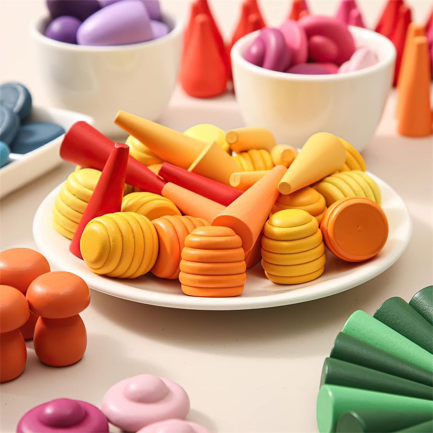Mikneke 162 Wooden Loose Parts Sensory Bin Filler Toys, Mandala Rainbow Stacker Open Ended Toys, 27 Colors Sensory Training Educational Toys