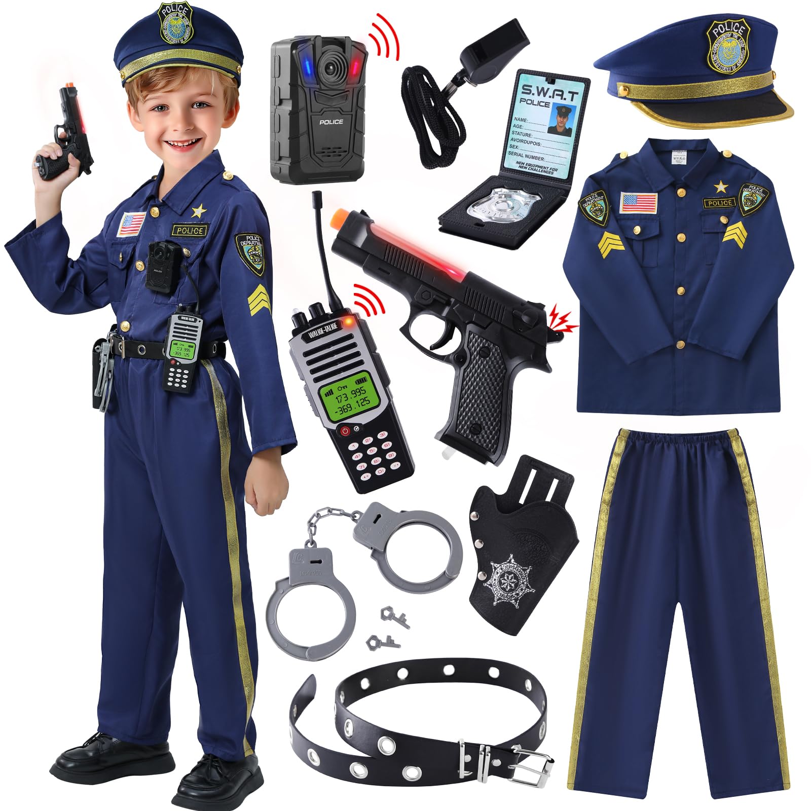 Qivbicy Police Costume For Kids 3-12 Exquisite Police Officer Costume For Kids Halloween Costumes For Boys Girls Size M, M: 5-7Y