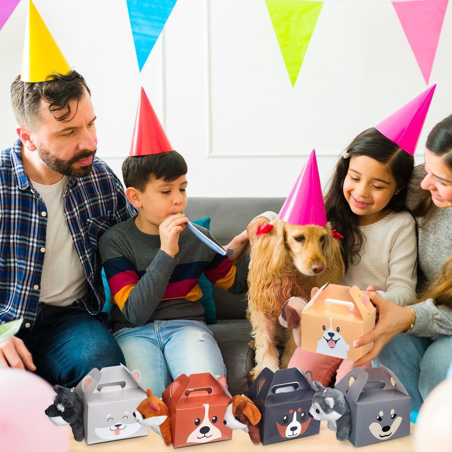 Fainne 12 Pcs Dog Party Favors Boxes with 12 Pcs Mini Plush Dog Set Adopt a Puppy Party Favors Treat Boxes Foldable Gift Puppy T