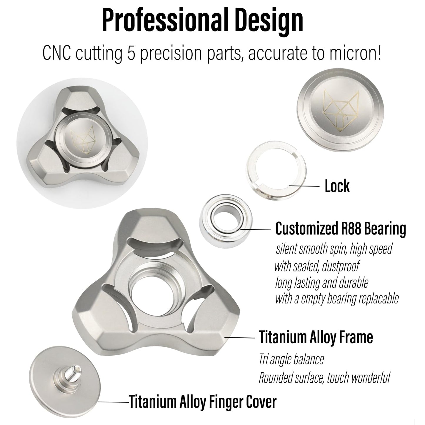 FREELOVE Metal Fidget Spinner for mature-themeds  Heavy Duty Tri-Spinner Toys  Small Mini Fox Figette Tools  Silent High Speed enhanced Bearing  Fast Spin Hand Widget  Titanium Alloy