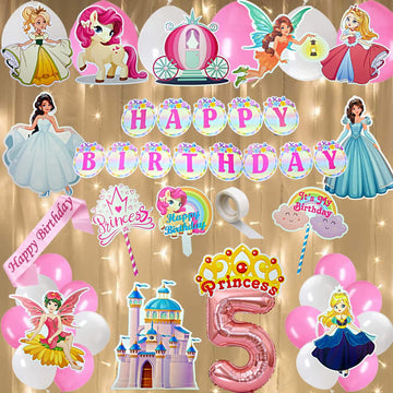 Fi  Flick In 50 Pcs Happy 5Th Birthday Decoration Kit For Girls Car Castle Cutouts Princess Sash Led Light Princess Birthday De