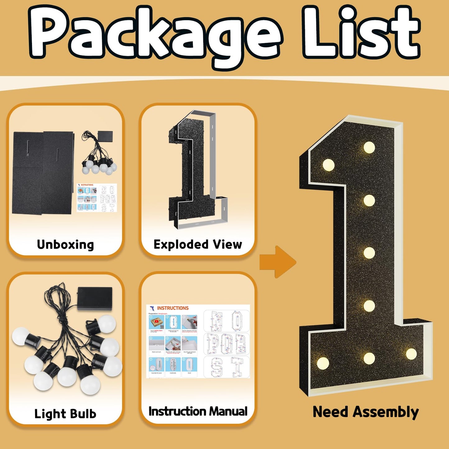 Imprsv Marquee Numbers Black 3Ft: Black Party Decor - Light Up Number 1 Large 3 Feet Tall - Birthday Decorations For Him Her 1St